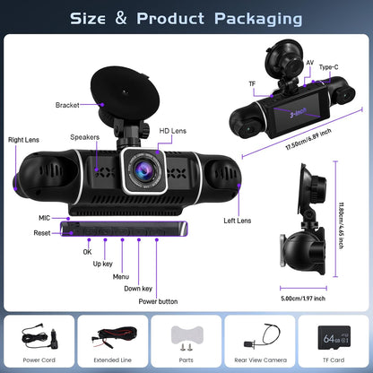 Hikity 4-kanaals dashcam, wifi dashcam 2K voor en 1080p achter binnen links rechts met 3 inch scherm, autocamera met 64 GB kaart wifi, G-sensor, loop-opname, nachtzicht, parkeerbewaking, 360°
