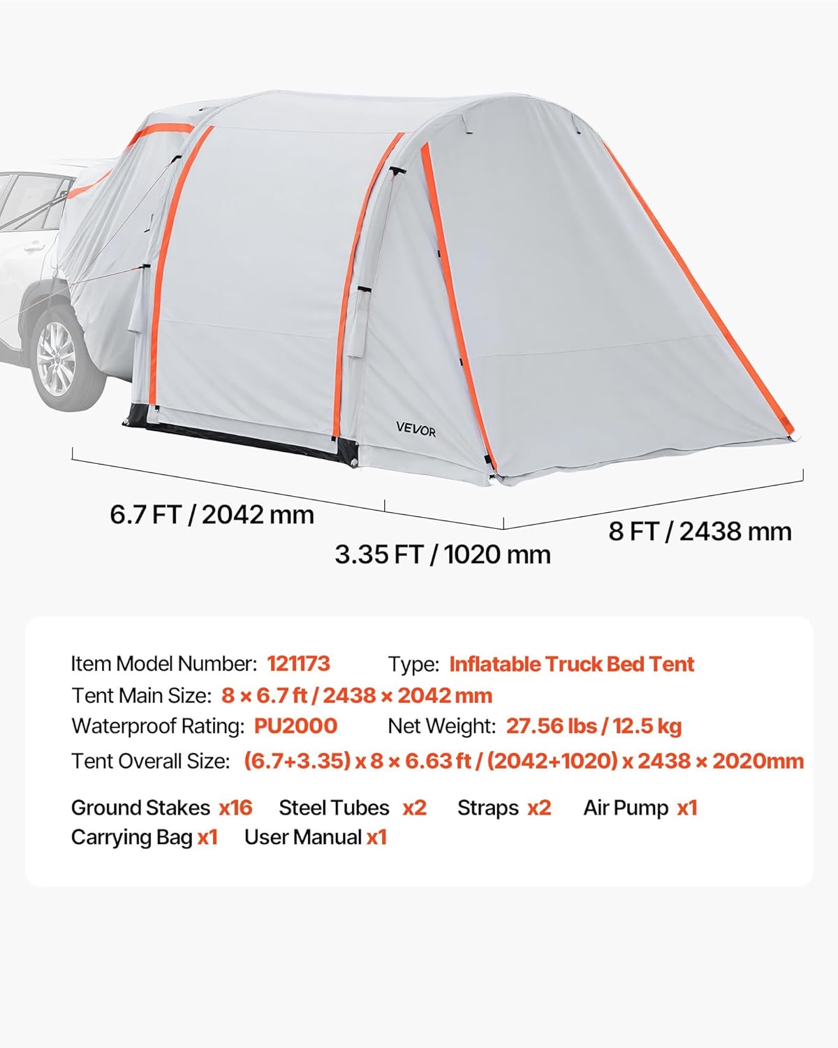 VEVOR Opblaasbare achterkleptent, autotent (2042+1020) x 2438 x 2020 mm, waterdicht (PU2000 mm), campingtent met geventileerde deuren en muggennetten, UV-achtertent voor kamperen, wandelen, incl