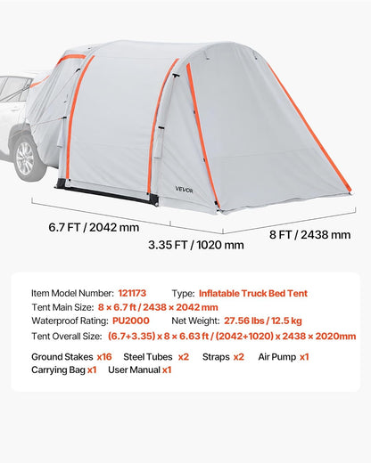 VEVOR Opblaasbare achterkleptent, autotent (2042+1020) x 2438 x 2020 mm, waterdicht (PU2000 mm), campingtent met geventileerde deuren en muggennetten, UV-achtertent voor kamperen, wandelen, incl