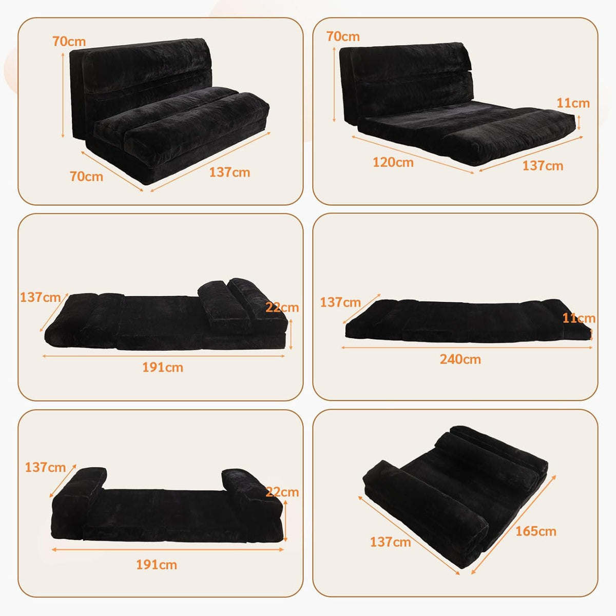 MAXYOYO Bean Bag Bed Foldable Sofa Bed Floor Mattress for Adults, Extra Thick 6 Fold Floor Sofa Floor Sofa for Bedroom Living Room, Black, 135x240cm