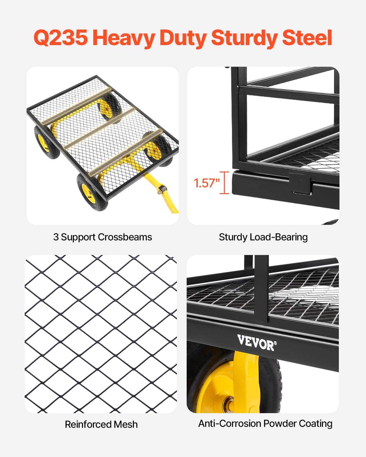 VEVOR Handcart 116.8 x 76 x 43 cm Transport Trolley Garden Trolley Tool Trolley 2-in-1 Hand Trolley with 13-Inch All-Terrain Tyres, Removable Mesh Side Panels and 180° Swivel Handle