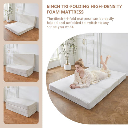 MAXYOYO Opvouwbare corduroy matras, drievoudig vloermatras 15 cm dik met wasbare hoes, opvouwbaar in drie, ruimtebesparend voor gasten (beige, eenpersoons)