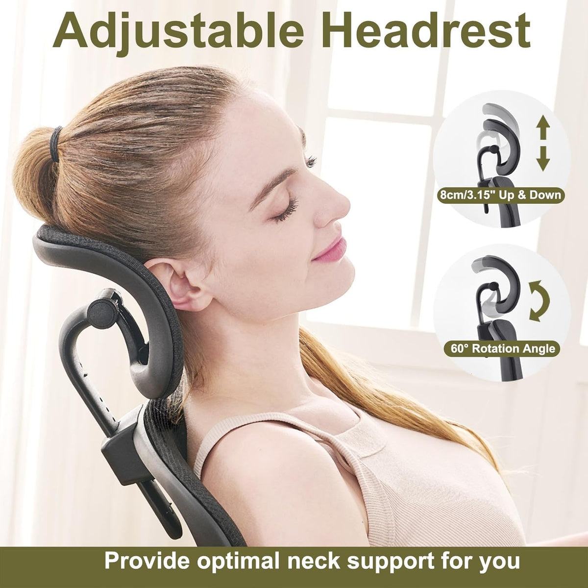 Ergonomic Office Chair, Swivel Office Chair with Mesh High Backrest, Adjustable Lumbar Support, Folding Armrests, Detachable Headrest, Space Saving, 155-185cm, up to 150kg