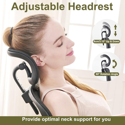 Ergonomic Office Chair, Swivel Office Chair with Mesh High Backrest, Adjustable Lumbar Support, Folding Armrests, Detachable Headrest, Space Saving, 155-185cm, up to 150kg
