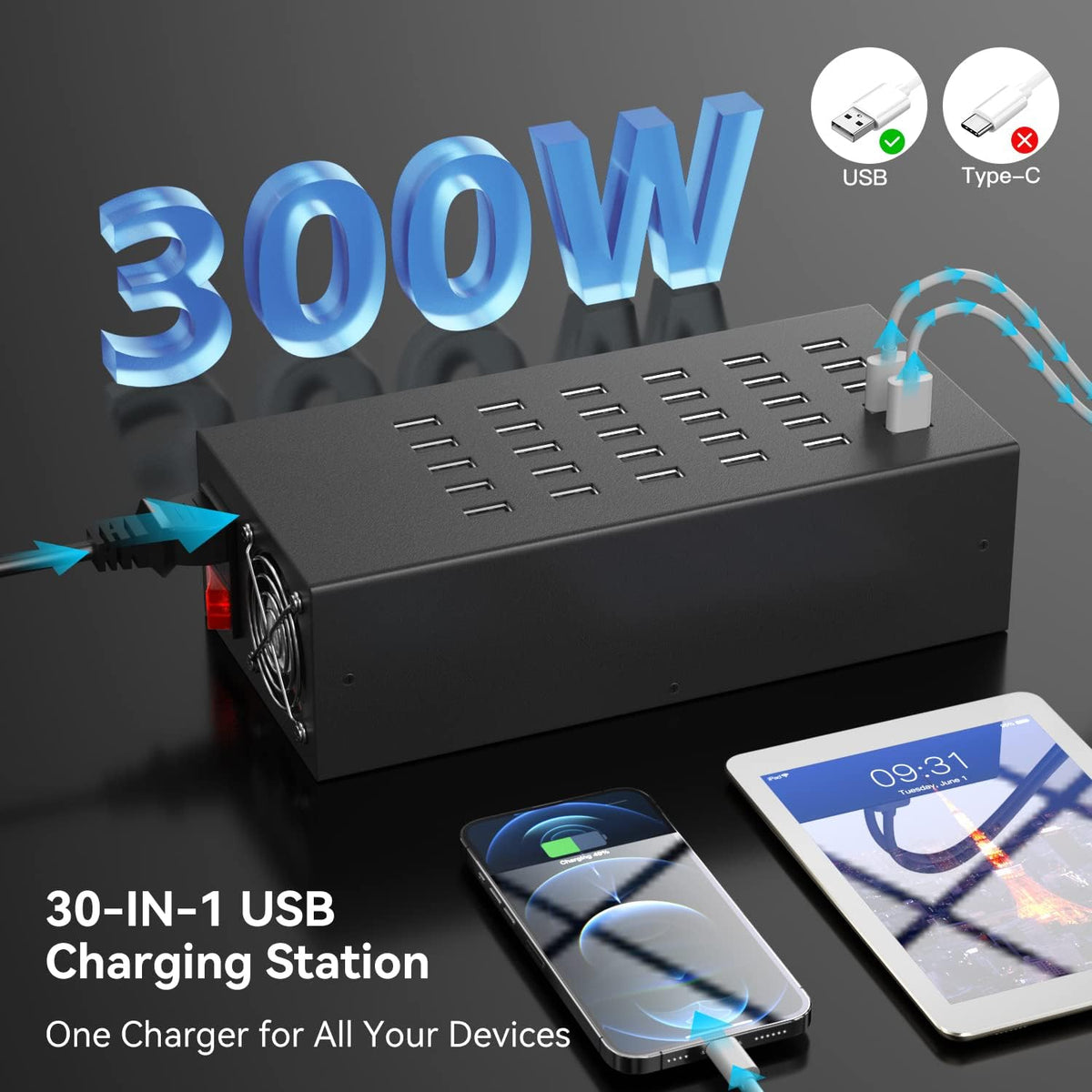 Laadstation voor meerdere apparaten, 30-poorts 300W/60A USB-laadstation, 30-in-1 USB-oplaadhub, meerdere USB-laadstations voor iPhone, iPad, Samsung, tablets en andere elektronica