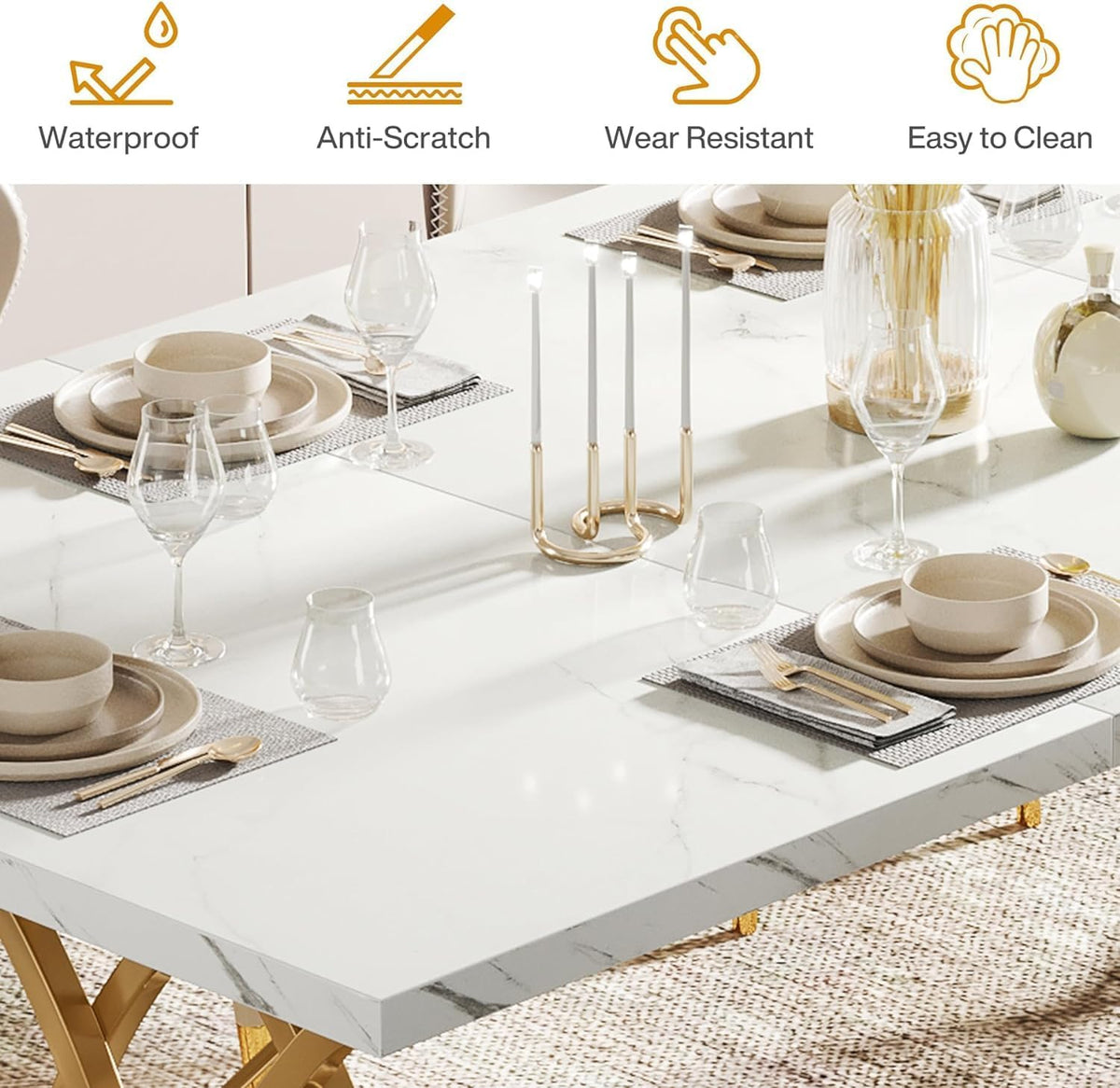 Tribesigns Modern Dining Table, Kitchen Table, 160 x 80 x 75 cm, Dining Table For 6 People with Imitation Marble Tabletop and Geometric Legs, White and Gold