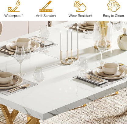 Tribesigns Modern Dining Table, Kitchen Table, 160 x 80 x 75 cm, Dining Table For 6 People with Imitation Marble Tabletop and Geometric Legs, White and Gold