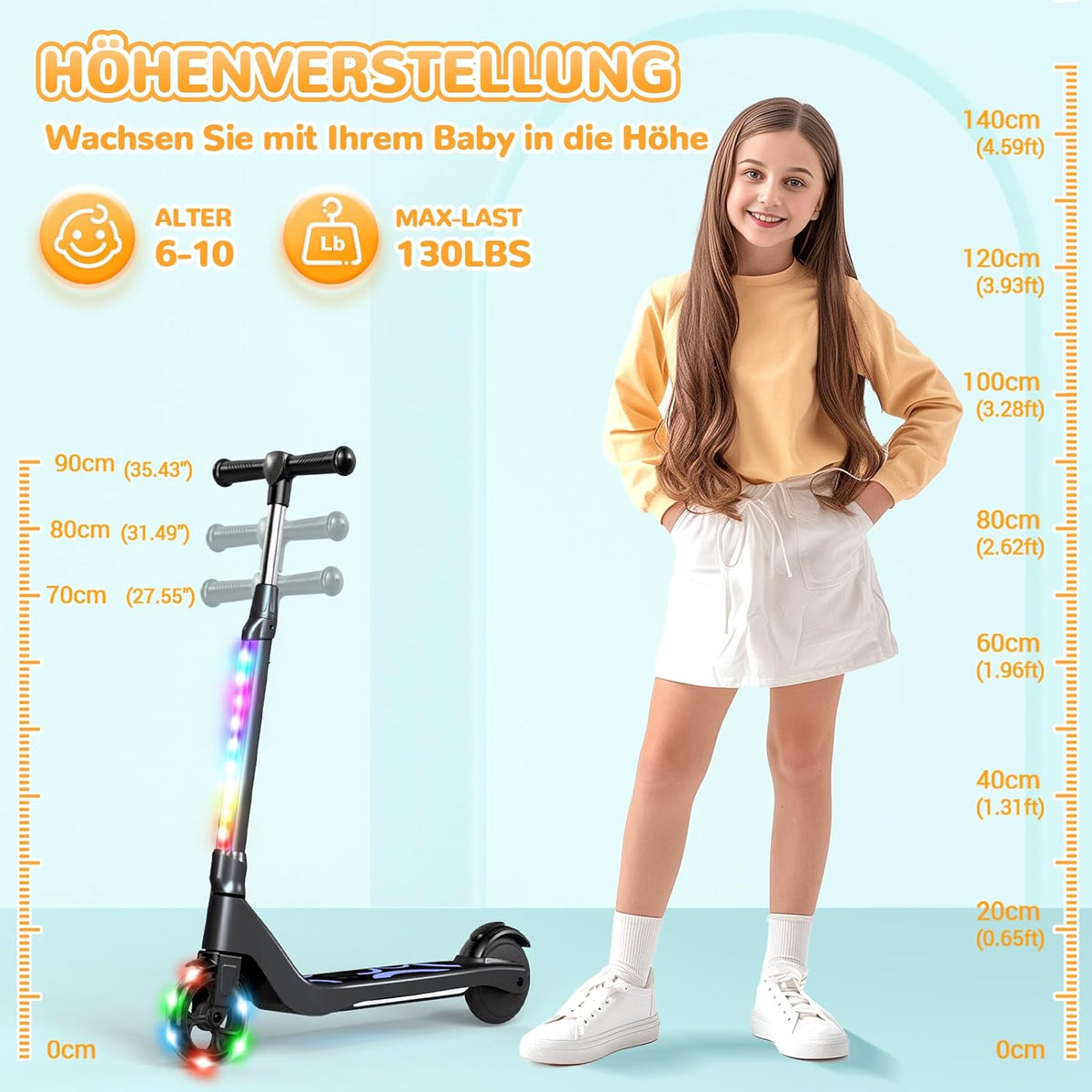 SISIGAD E-step voor kinderen van 6 tot 10 jaar, met knipperende ledlampen en 3 instelbare hoogtes, 45 W motor max. 10 km/u, maximale belasting 70 kg