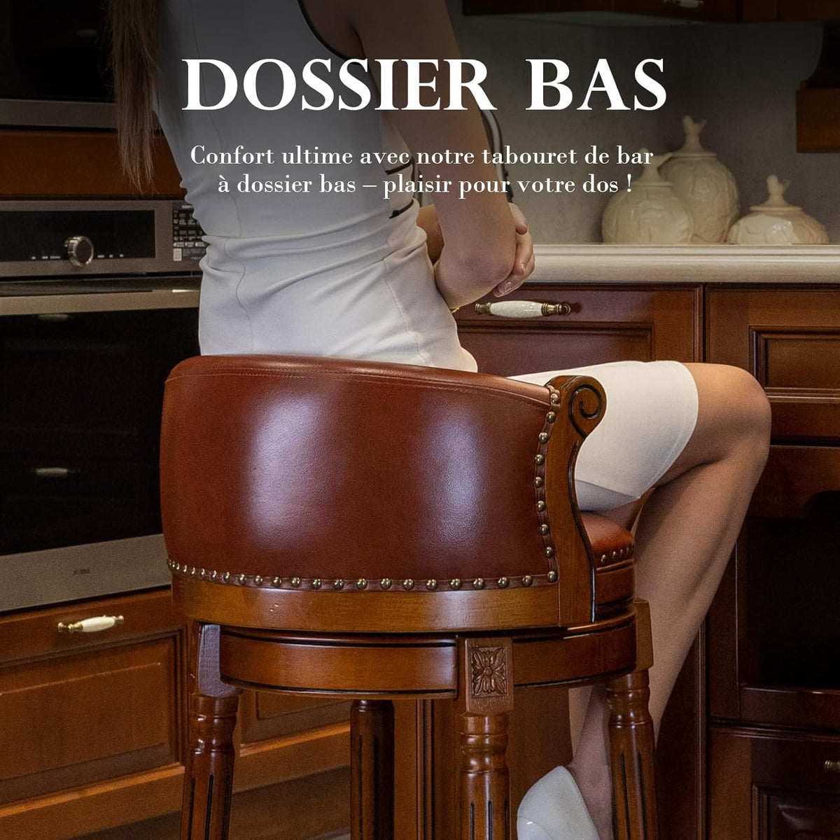 Barkruk van volnerfleer, draaibaar, met rugleuning, beklede stoel voor bar en keuken, massief houten frame, geschikt voor restaurants, hotels en thuis (bruin, zithoogte 65)