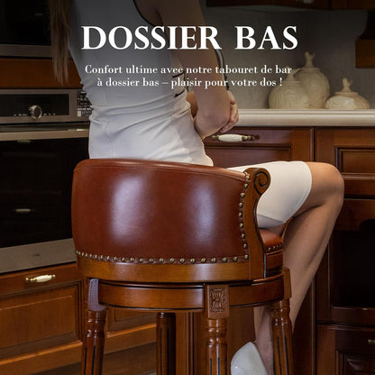 Barkruk van volnerfleer, draaibaar, met rugleuning, beklede stoel voor bar en keuken, massief houten frame, geschikt voor restaurants, hotels en thuis (bruin, zithoogte 65)
