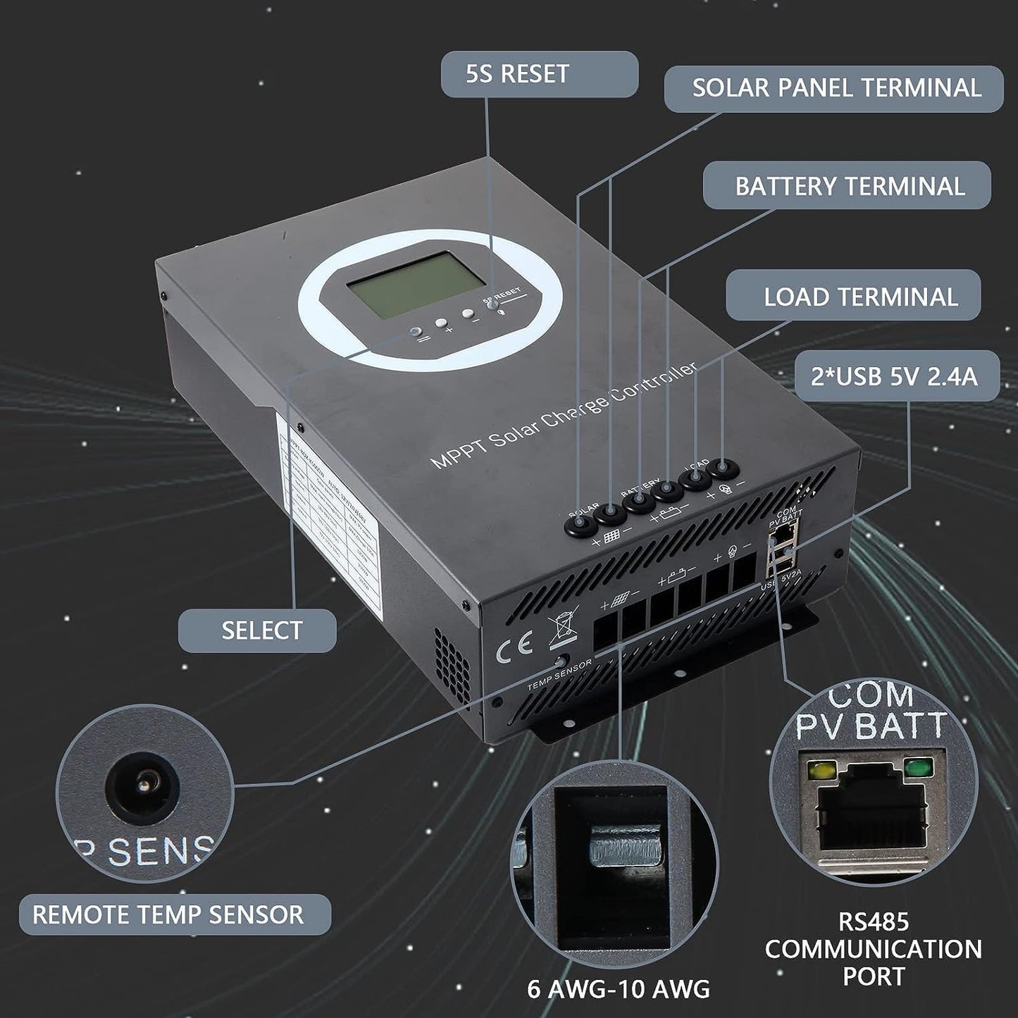 100A Solar Charge Controller MPPT Solar Charge Controller 12V 24V 36V 48V DC 150V Automatische Identificatie, 99% laadefficiëntie Solar Controller voor lithium / GEL / Flooded batterij (+LCD)