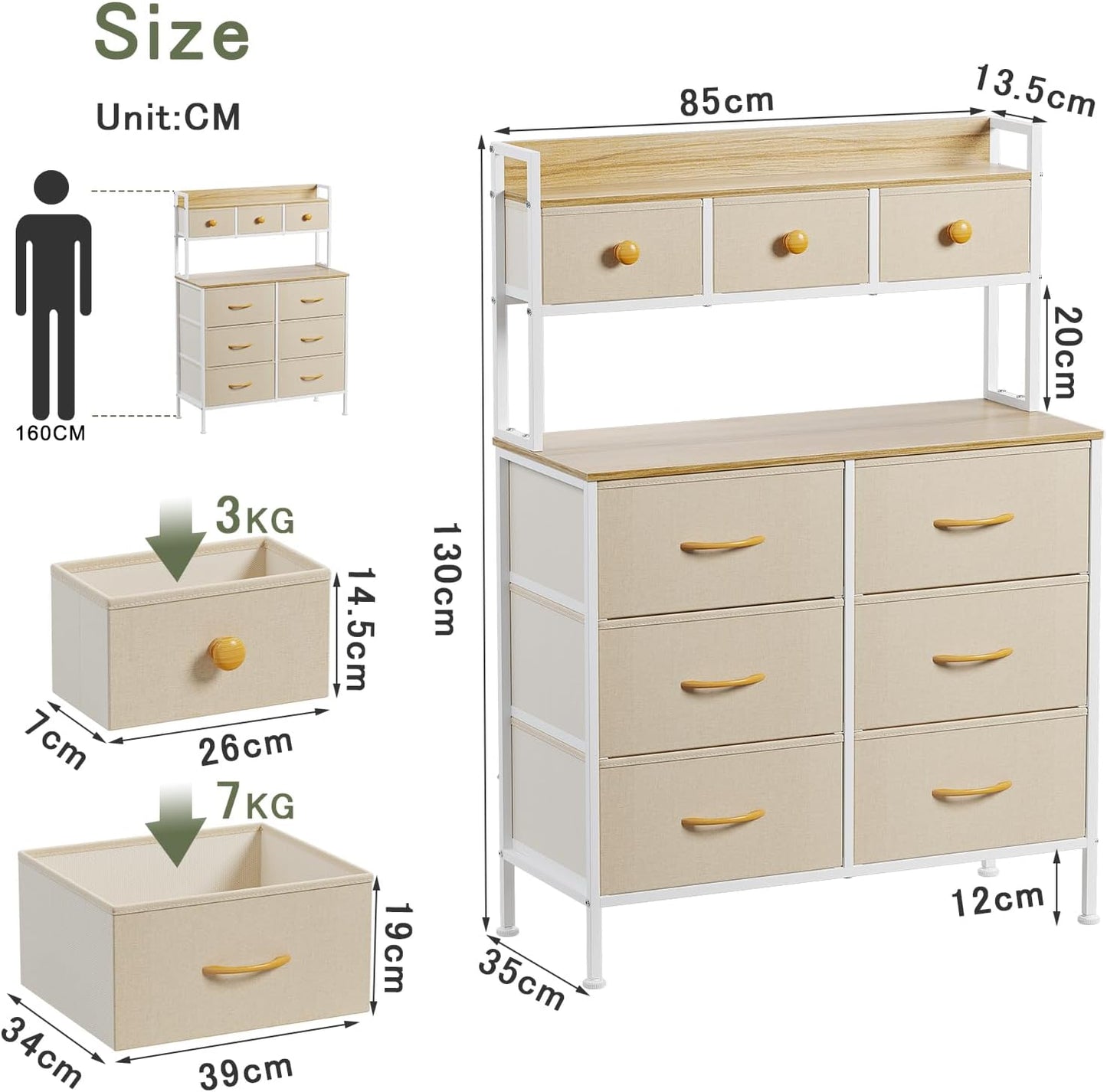 Ladekast – Opbergkast – Ladekast Met Handvatten – Ladekast Met Houten Bovenblad – Slaapkamerkast Beige – 9 Lades – Verstelbare Pootjes