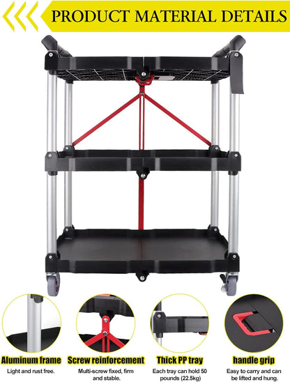 Opvouwbare Rolwagen – Servicewagen – Opbergkar – Trolley – Kar Op Wielen – 3 Niveaus, Opvouwbaar Tot 19 Cm – 165 Lbs Draagvermogen, 4 Zwenkwielen Met 2 Remmen