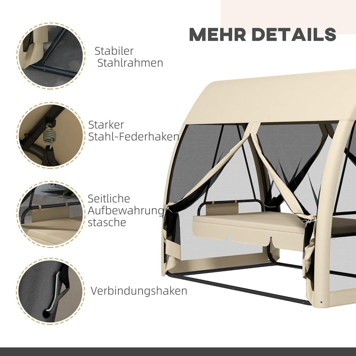 Outsuuny 2 in 1 Hollywoodschaukel mit Liegefunktion 3-Sitzer Gartenschaukel mit Baldachin, Mückennetz, Schaukelbank belast bis 300 kg, Gartenliege für Garten, Terrasse, 240 x 140 x 197 cm, Kaffee - QUORE