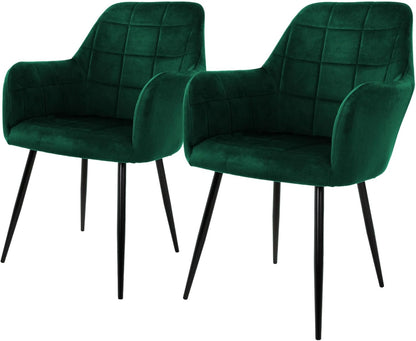 ML-Design Dining Chairs Set of 2 Dining Chairs with Backrest and Armrests, Dark Green,Velvet Seat,Upholstered,Black Metal Legs,Kitchen Chair Living Room Chair Upholstered Chair Recliner