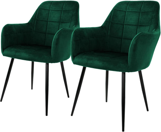 ML-Design Dining Chairs Set of 2 Dining Chairs with Backrest and Armrests, Dark Green,Velvet Seat,Upholstered,Black Metal Legs,Kitchen Chair Living Room Chair Upholstered Chair Recliner