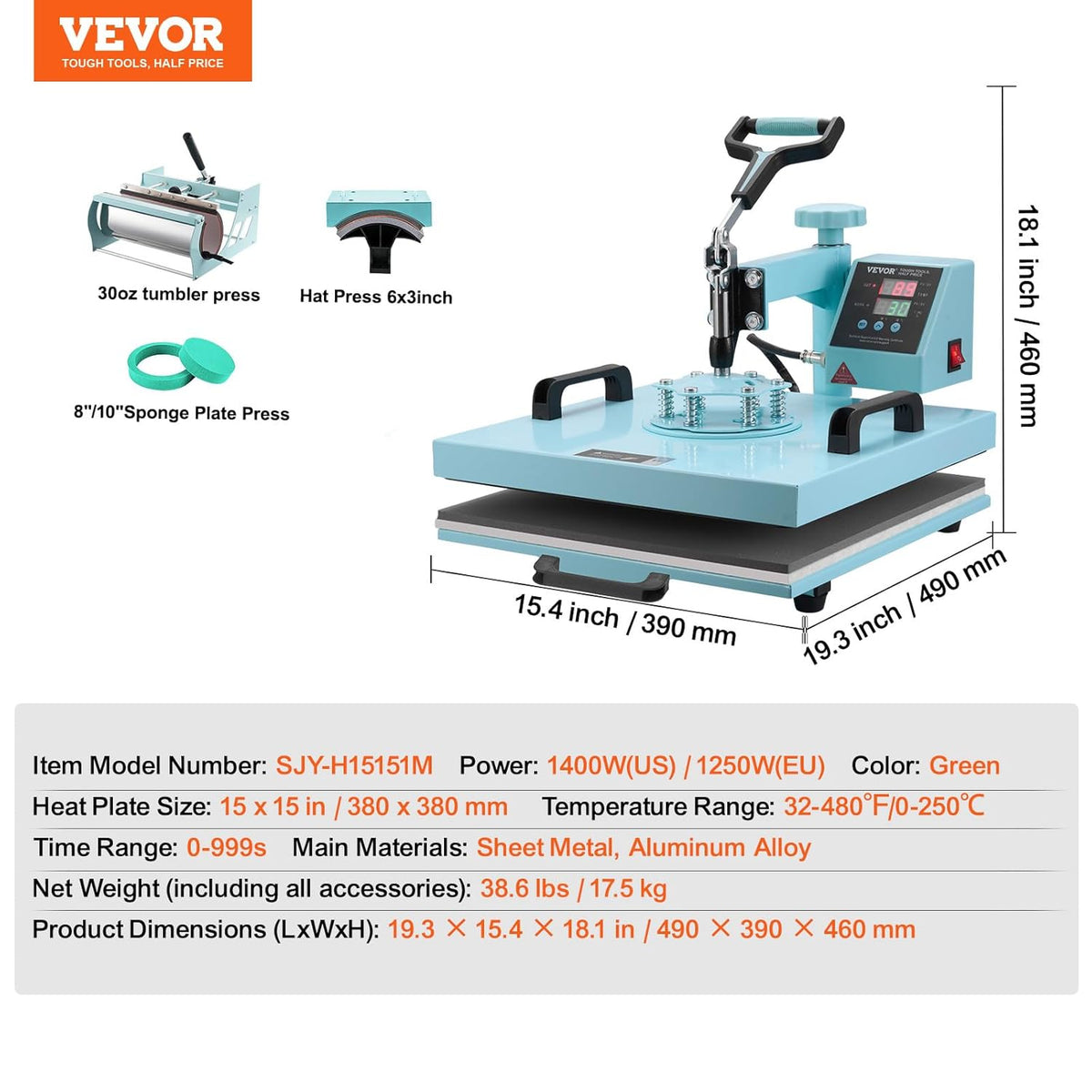 VEVOR Draagbare hittepers, groen, 380 x 380 mm