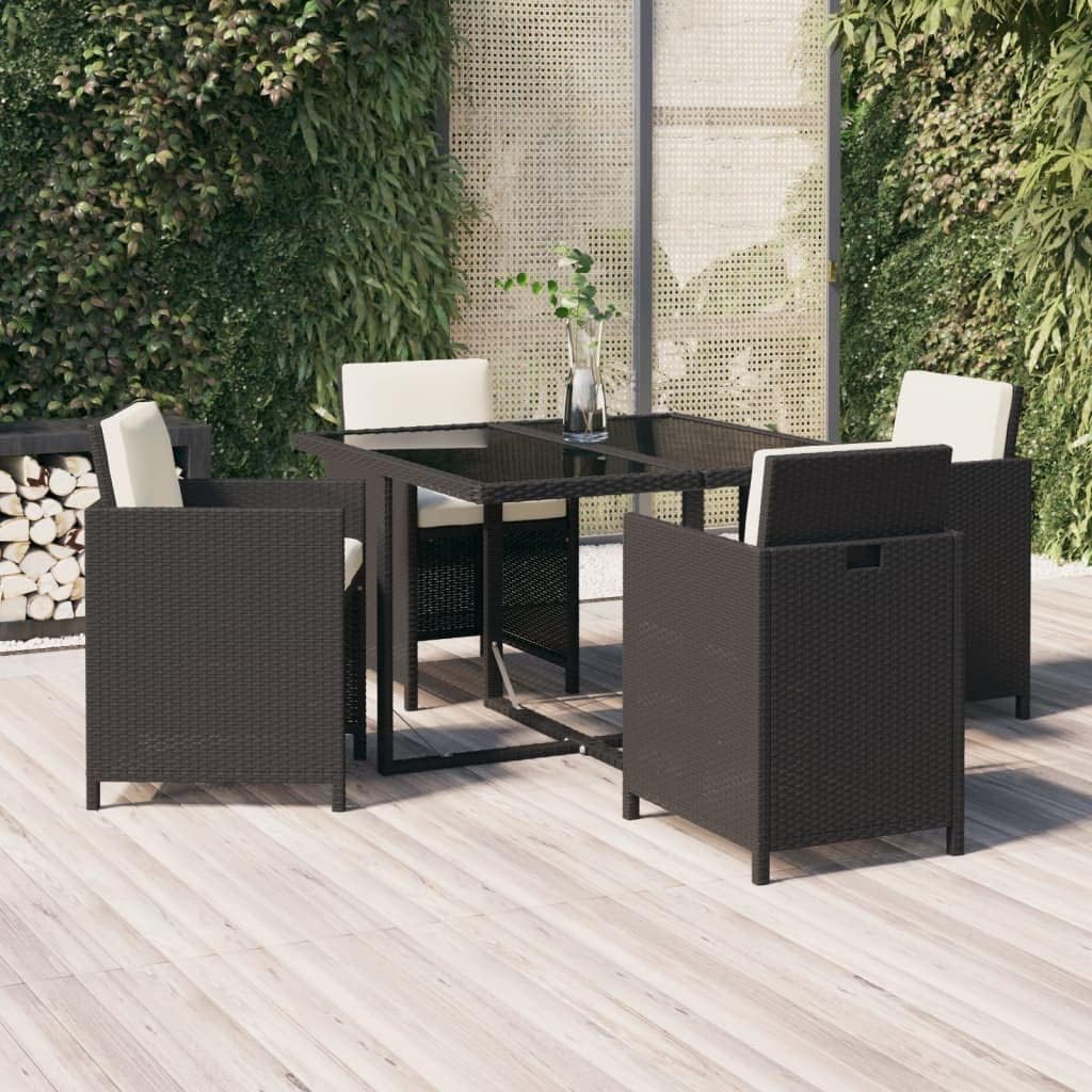 vidaXL 5-Piece Garden Set with Cushions Poly Rattan Black, Garden Furniture Set, Garden Dining Set, Outdoor Seating, Dining Set, Patio Set, Dining Area, Table and Chair, Garden Table - QUORE