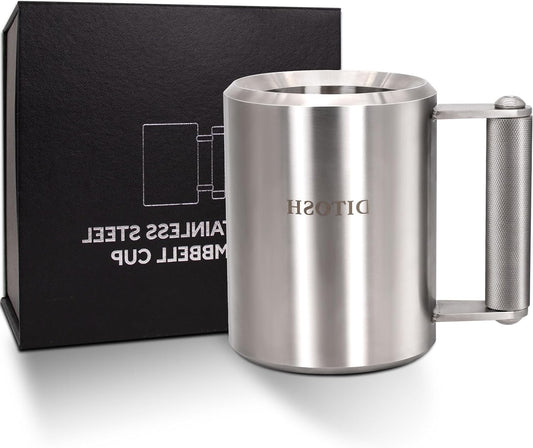 10kg/22lb Heavy Coffee Mug Challenge 304 Stainless Steel Dumbbell Cups Silver Overweight Sports Water Cup for Fitness Training Arm Strength Prank Gift Home Gym Workout Equipment 400ml/13.5oz - QUORE