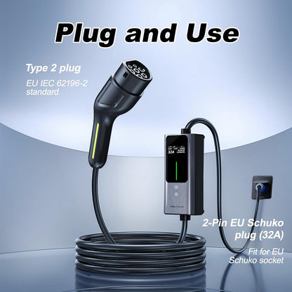 Type 2 oplaadkabel CEE, 7 kW / 5 m oplaadkabel elektrische auto, 6A-32A draagbare EV oplader, type 2 Wallbox laadstation voor elektrische voertuigen met eenfasige, IP65