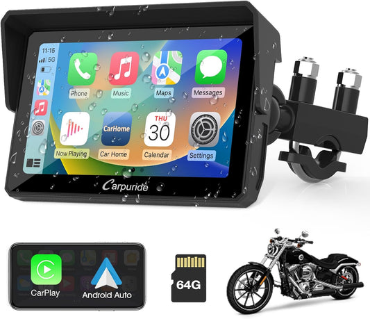 Carpuride W502 Motorfiets GPS Draadloos Draagbaar Apple Carplay & Android Auto, 5 inch IPS Waterdicht Touchscreen met Dubbele Bluetooth, TF Kaart, Navigatie/Siri/Google Assistant voor Motorfietsen