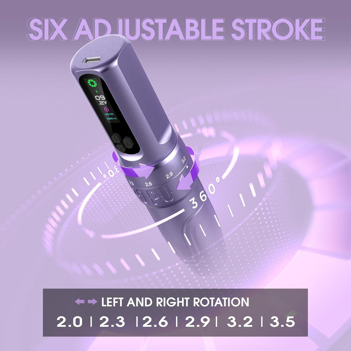 EZ Draadloze Tatoeage Machine - 6 Beroertes 2.0mm-3.5mm Tatoeage Machine met OLED Digitaal Display 1600mAh Batterijvermogen (DIVA Zwart)