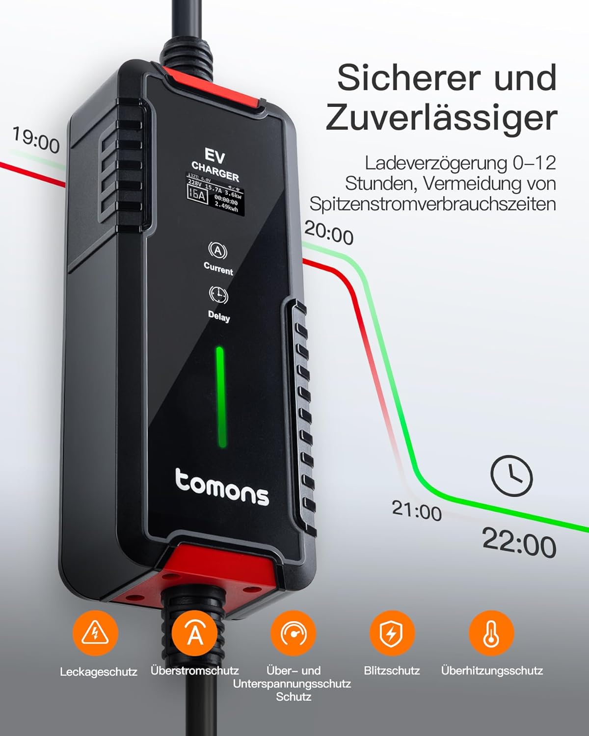 tomons Oplader voor elektrische auto, type 2, 3,5 kW, 16 A, 6 m, instelbare stroom 6/8/10/13/16 A, IP66, draagbare oplader voor EV's en PHEV's, mobiele wandbox, met led-display en vertragingsfunctie.