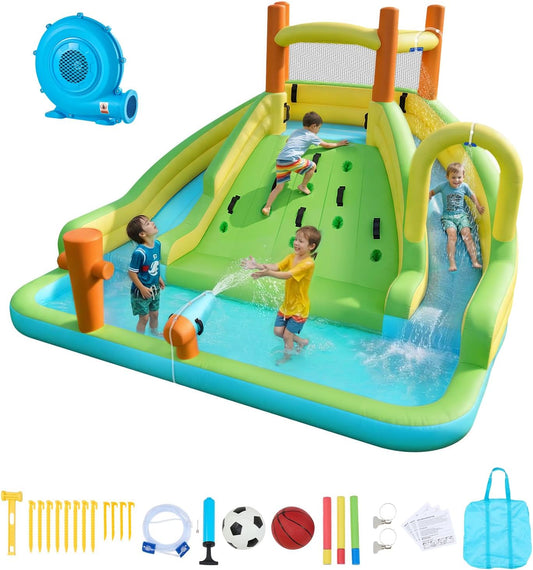 VEVOR Opblaasbaar waterpark voor kinderen, 405 x 347 x 255 cm, voor buiten, opblaasbaar slot met 2 glijbanen, klimwand, inhoud 3-4 kinderen van 3 tot 8 jaar, waterspel