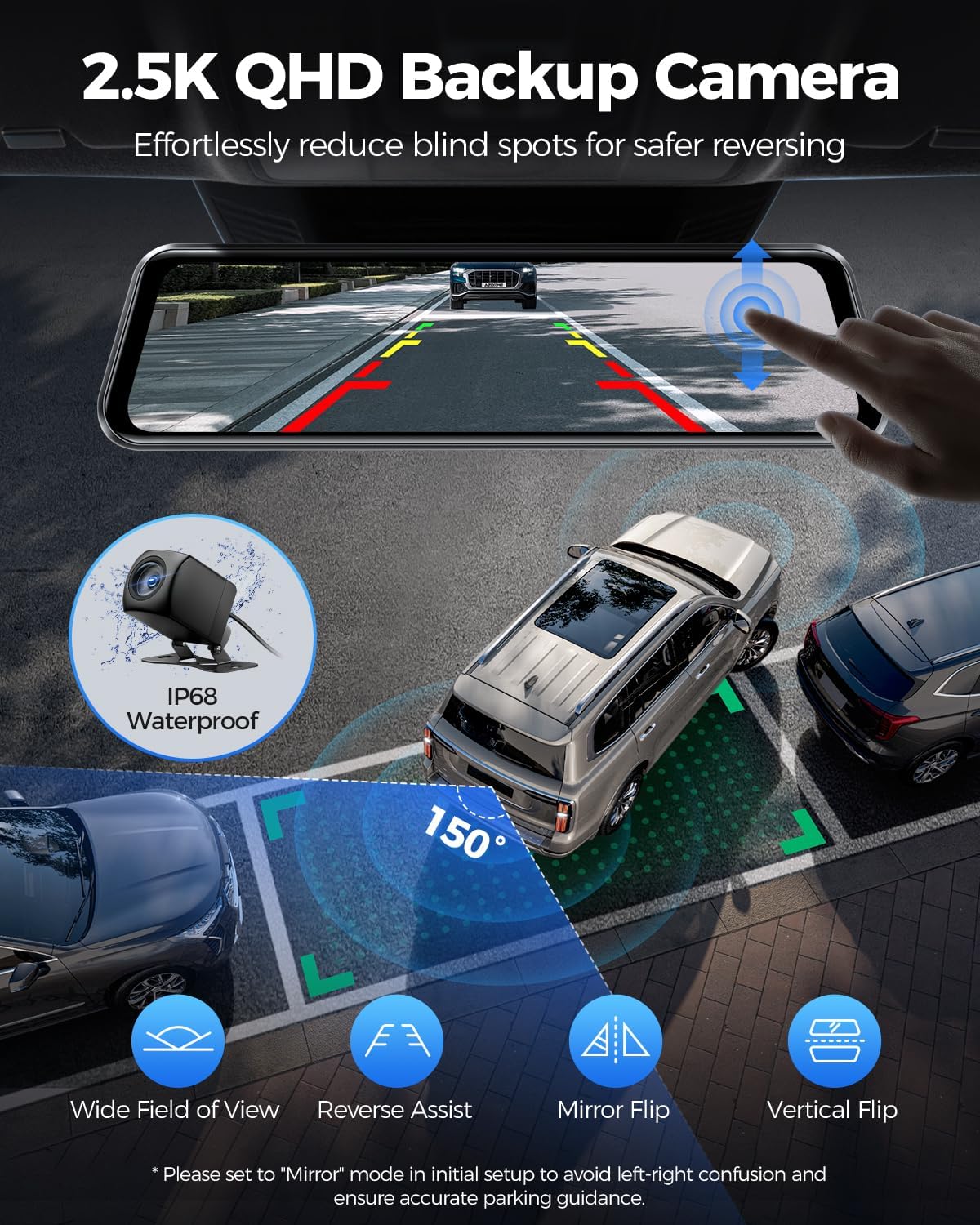 AZDOME 4K spiegel-dashcam, voor aan de auto, voor en achter met 2,5K achtercamera, 5G wifi-autocamera, 64 GB kaart inbegrepen, super nachtzicht, dashcam, GPS, spraakbediening, 12 inch IPS-touchscreen