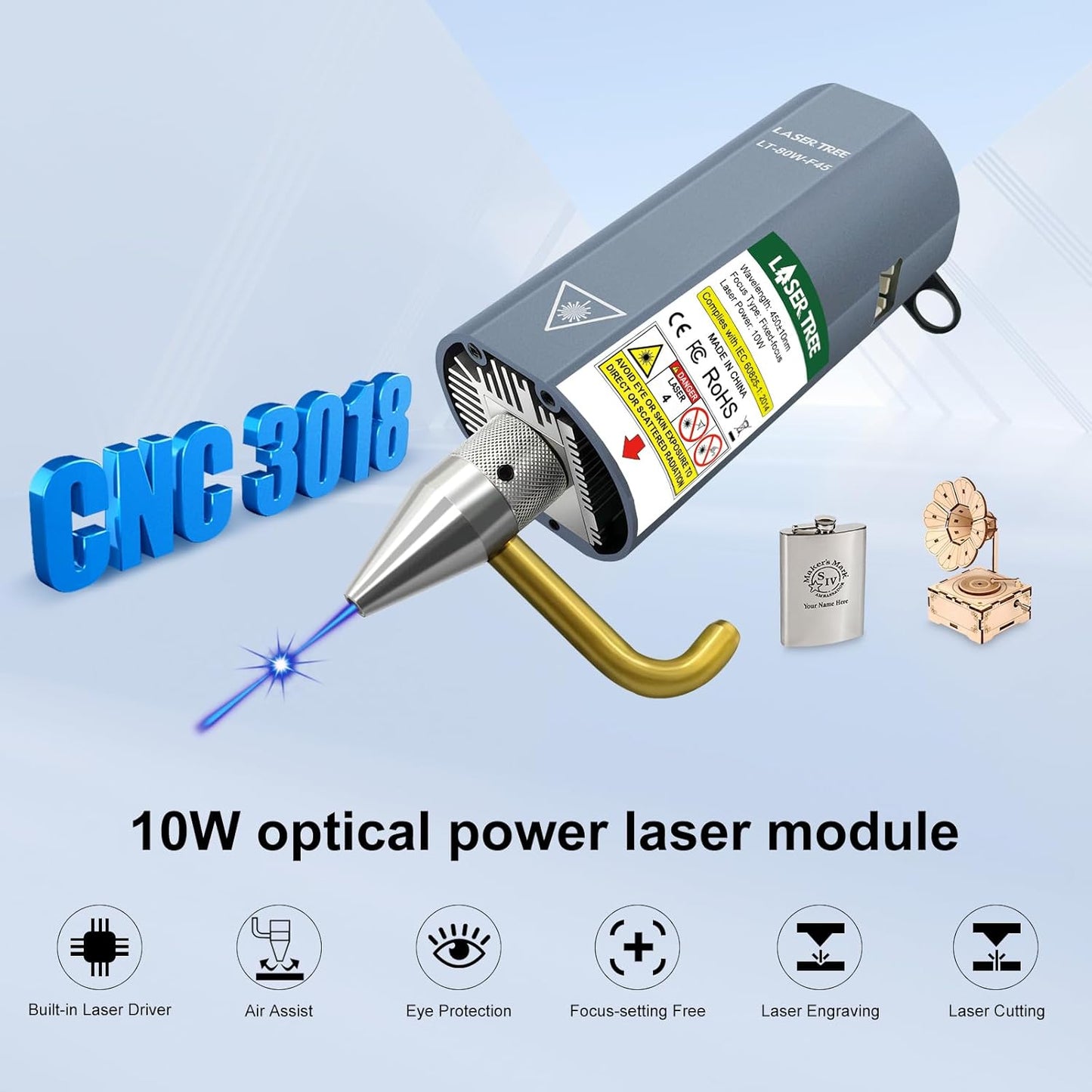 LASER TREE CNC 3018 Lasermodule Kit, 10W optisch vermogen laserkop met luchtondersteuning, vaste brandpuntsafstand 45mm lasergraveermodule, dubbele puntcompressie Compatibel met CNC 3018 machine, 12V