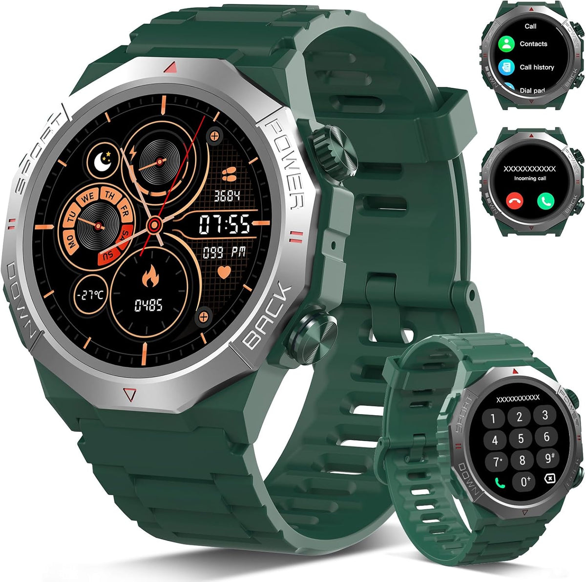 Militaire smartwatch voor heren en dames, smartwatch met telefoonfunctie, 1,39 inch touchscreen, hartslagmonitor, slaapmonitor, IP68 waterdicht, sporthorloge, 110+ sportmodi, fitnesshorloge voor iOS