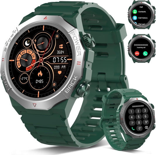Militaire smartwatch voor heren en dames, smartwatch met telefoonfunctie, 1,39 inch touchscreen, hartslagmonitor, slaapmonitor, IP68 waterdicht, sporthorloge, 110+ sportmodi, fitnesshorloge voor iOS