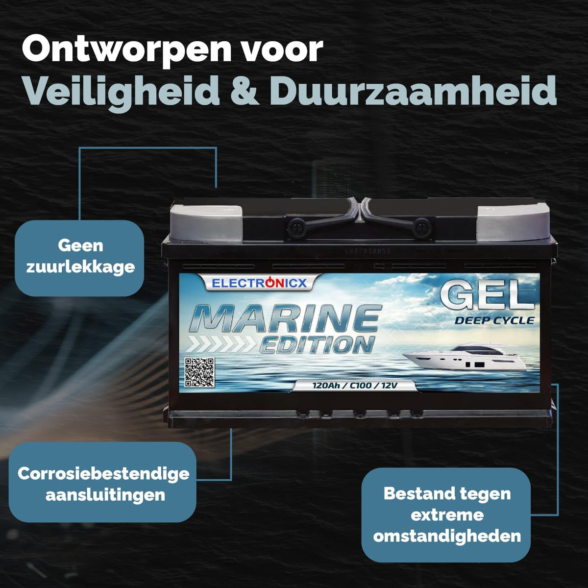Electronicx GEL Marine huishoudaccu 12V 120Ah / 120 Ah 12 Volt – Deep Cycle accu onderhoudsvrij & verzegeld – 353×175×190 mm – boot jacht zeilboot zonnepaneel camper vrijetijdsstroom GEL