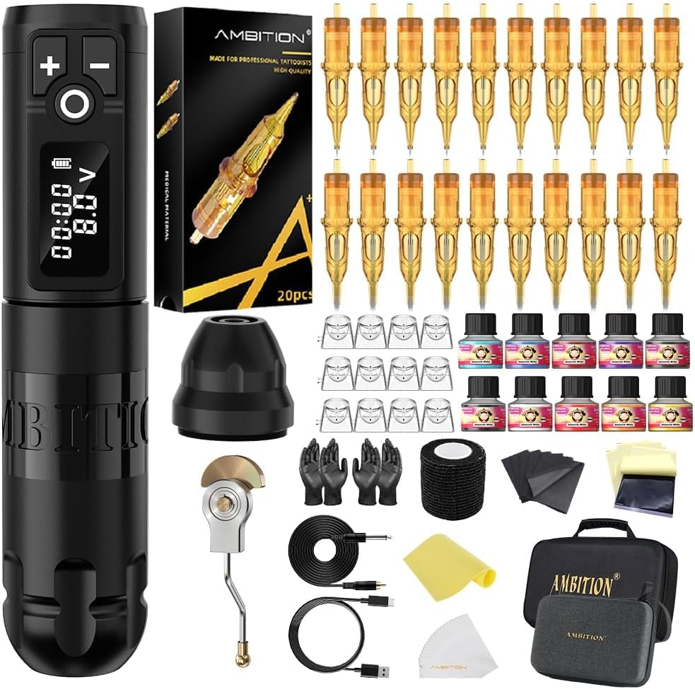 Ambition Soldier Tattoo Machine Kit Complete Rotary Wireless Tattoo Pen Gun Kit met 20 stuks Glory Tattoo Cartridge Naalden Oefenhuidbenodigdheden voor beginners en professionele artiesten