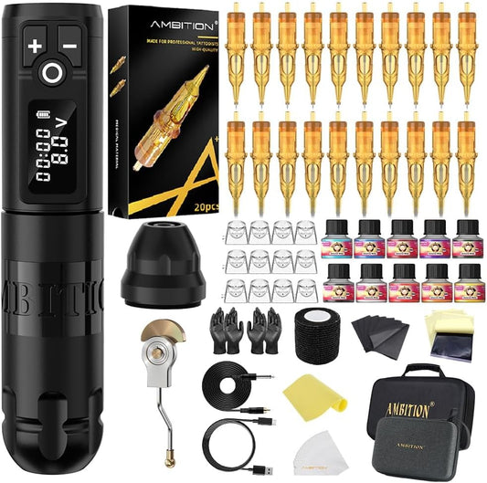 Ambition Soldier Tattoo Machine Kit Complete Rotary Wireless Tattoo Pen Gun Kit met 20 stuks Glory Tattoo Cartridge Naalden Oefenhuidbenodigdheden voor beginners en professionele artiesten