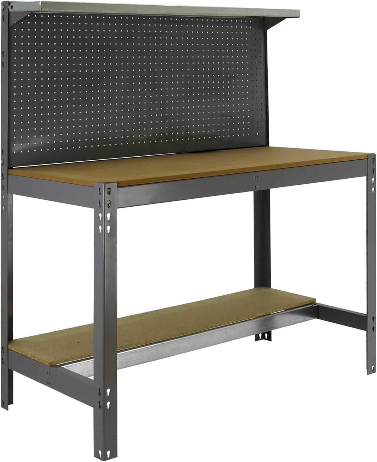 Simon Rack Sterke Werkbank met Bovenplank en Geperforeerd Paneel, 1445x910x610 mm, 400 kg Draagvermogen, Metalen Frame en Houten Werkblad, Compleet voor Werkplaats, Grijs/Hout – BT3