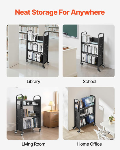Boekenwagen – Bibliotheekwagen – Boekenkar – Boekentrolley – Rollende Boekenkar – Enkelzijdig Met V-Vormige Planken – 350 Kg Draagkracht