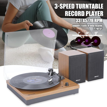Vinyl Platenspeler – Bluetooth Platenspeler – Draaitafel – LP Speler – Grammofoon – Walnootafwerking – 2 Externe HiFi Stereoluidsprekers Van 15 W