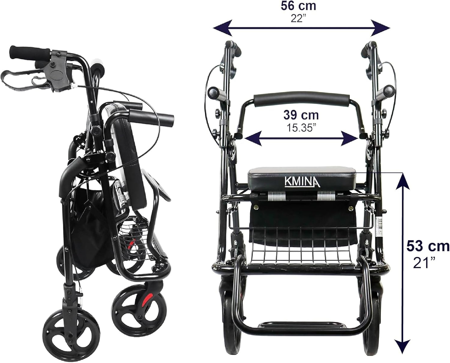 KMINA - Rollator rolstoel 2-in-1 gladde bodem, mand, senioren opvouwbaar, zwart