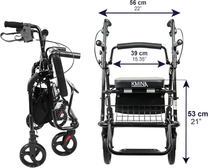 KMINA - Rollator rolstoel 2-in-1 gladde bodem, mand, senioren opvouwbaar, zwart
