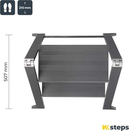 W.Steps 728502 Vikingstep Midi Zwarte aluminium trapladder, 480 mm hoog, belastbaar tot 150 kg, compacte aluminium vouwladder met 2 treden, slechts 35 mm breed