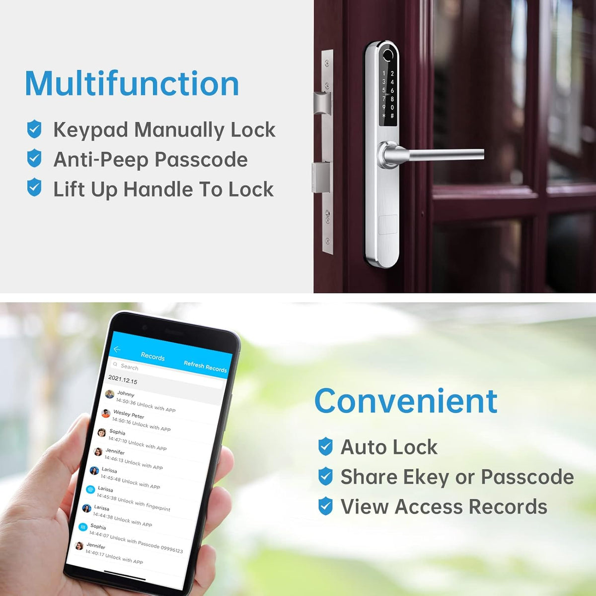 Slanke Vingerafdruk Bluetooth Smart Deurslot met Touchscreen, Vingerafdruk Toetsenbord Kaartsleutels Unlock voor Aluminium Swing Deur (Zilver)