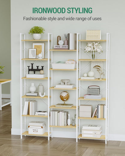 Hzuaneri Bookshelves, Freestanding Shelves, 17 Shelves, 6 Layers, Adjustable Spacing, 24 x 152 x 186 cm, Load Capacity 340 kg, Living Room, Office White Oak and White BC10116W