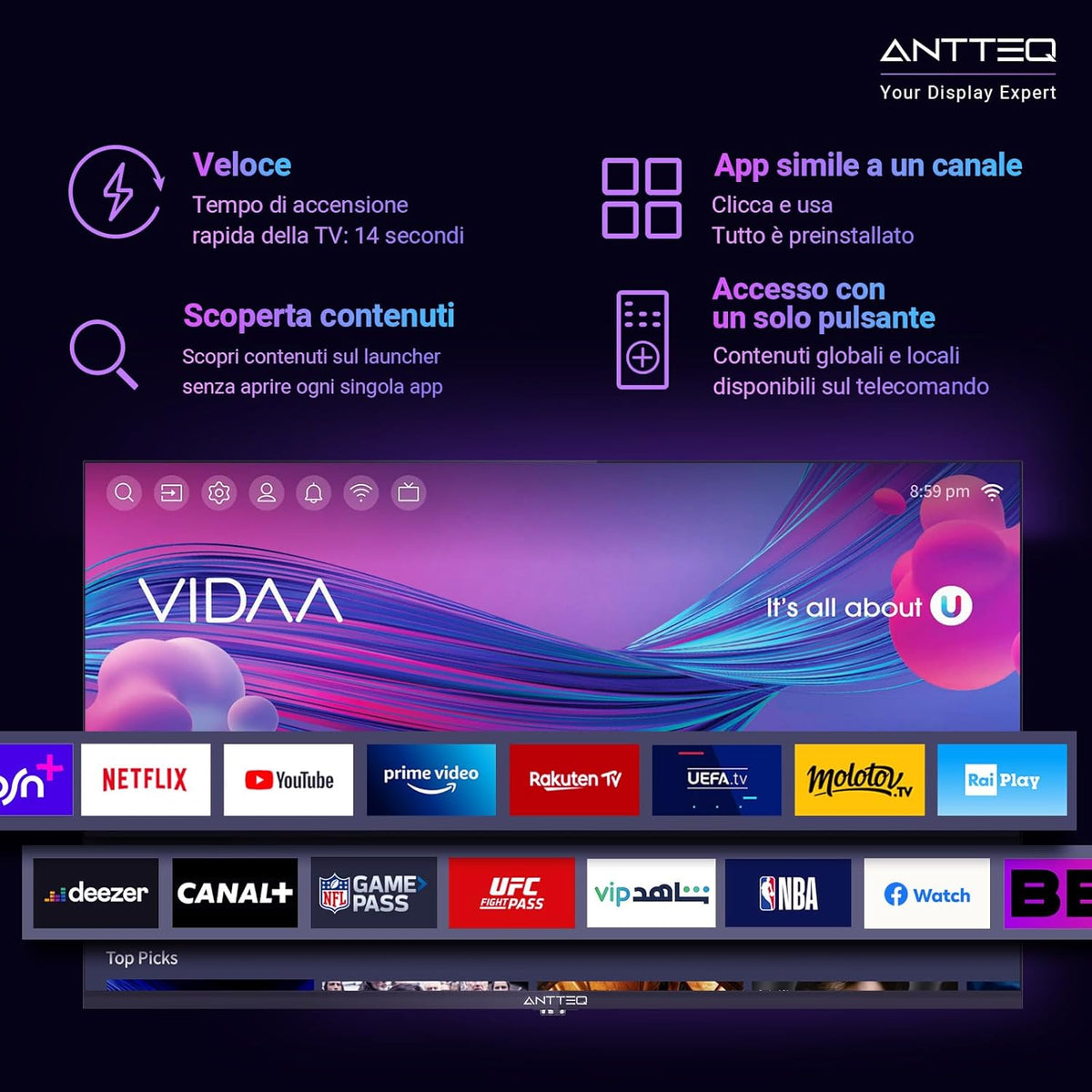 AntteQ AV24H3 Smart TV 24 Inch (60 cm) Televisie met Netflix, Prime Video, Rakuten TV, Disney+, Youtube, UVM, Wifi, Triple Tuner DVB-T2 / S2 / C