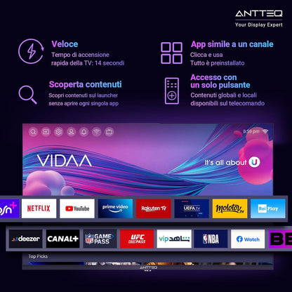 AntteQ AV24H3 Smart TV 24 Inch (60 cm) Televisie met Netflix, Prime Video, Rakuten TV, Disney+, Youtube, UVM, Wifi, Triple Tuner DVB-T2 / S2 / C