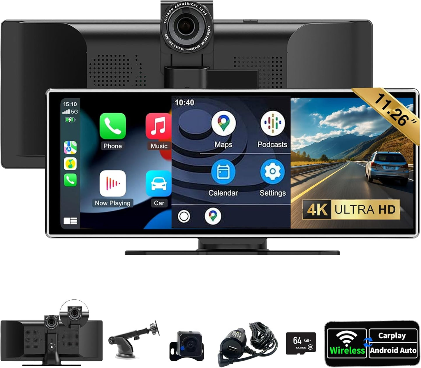Carplay Scherm – Touchscreen – Android Auto – Airplay – Mediaspeler – 11,26 Inch IPS – Draadloos – 4K Achteruitrijcamera – Navigatie met GPS
