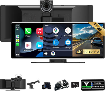 Carplay Scherm – Touchscreen – Android Auto – Airplay – Mediaspeler – 11,26 Inch IPS – Draadloos – 4K Achteruitrijcamera – Navigatie met GPS