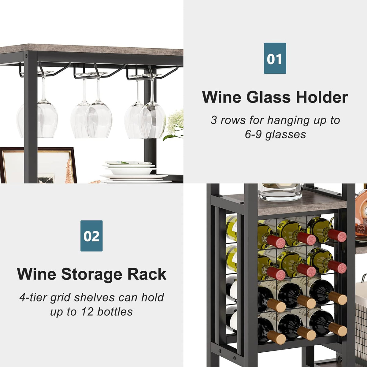 Tribesigns 2 Pcs Freestanding Floor Wine Rack - 5 Tier Wine Display Shelf with Glass Holder and Storage, Industrial Bar Cabinet for Kitchen, Dining Room (Rustic Gray)