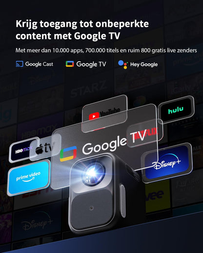 WEMAX Mini Beamer met Google TV & Officieel Netflix - 1080P Full HD Smart Projector (4K Support) - 300 ISO Lumen - Auto Focus & Keystone - Dolby Audio - Draagbare Beamer voor Thuisbioscoop & Gaming