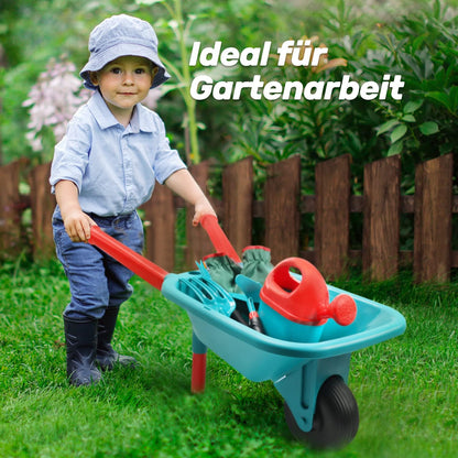 Kruiwagen - Kruiwagen voor Kinderen - Tuinset - met Gieter - Handschoenen - Handhark - Schep - Troffel - Schort - Binnen - Buiten - Speelgoed - voor Jongens - Meisjes - Kunststof - 65 x 24.8 x 35 cm - Turquoise